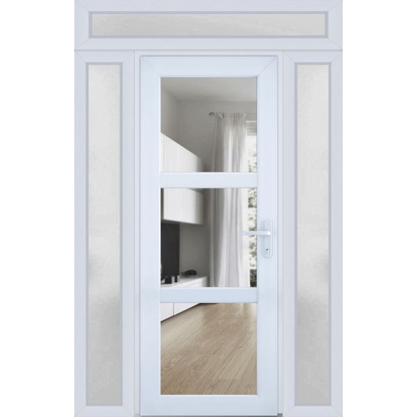 Front Exterior Prehung FiberGlass Door Clear Glass See-through / Manux 8555 White Silk Clear Glass / 2 Sidelight and Transom Window / Office Commercial and Residential Doors Entrance Patio Garage-W12+30+12" x H80+14"-Left-hand Inswing