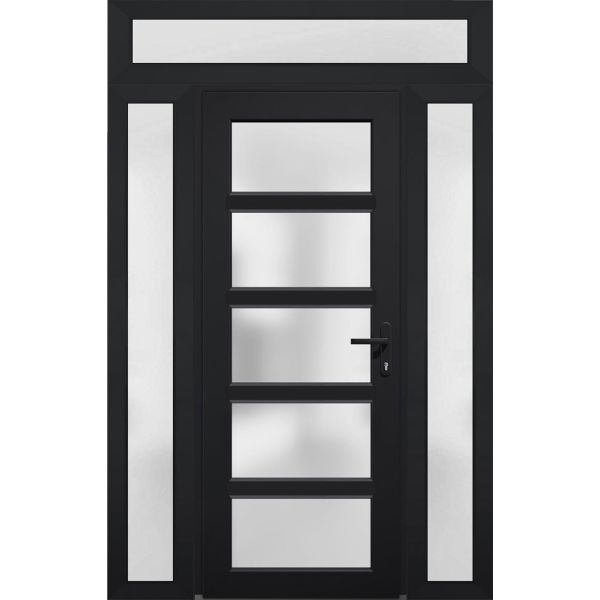 Front Exterior Prehung FiberGlass Door Frosted Glass / Manux 8002 Matte Black / 2 Sidelight and Transom Window / Office Commercial and Residential Doors Entrance Patio Garage-W14+36+14" x H80+14"-Left-hand Inswing