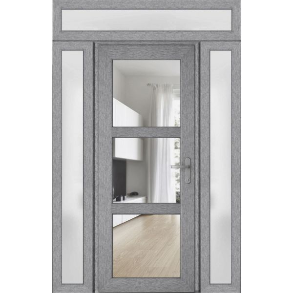 Front Exterior Prehung FiberGlass Door Clear Glass See-through / Manux 8555 Grey Ash Clear Glass / 2 Sidelight and Transom Window / Office Commercial and Residential Doors Entrance Patio Garage-W16+36+16" x H80+14"-Left-hand Inswing