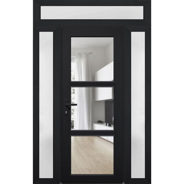 Front Exterior Prehung FiberGlass Door Clear Glass See-through / Manux 8555 Matte Black Clear Glass / 2 Side and Top Exterior Window / Office Commercial and Residential Doors Entrance Patio Garage-W14+36+14" x H80+14"-Right-hand Inswing