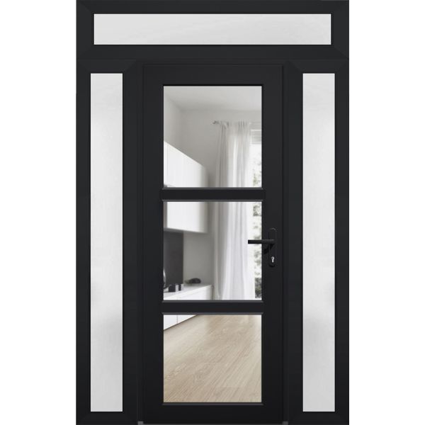 Front Exterior Prehung FiberGlass Door Clear Glass See-through / Manux 8555 Matte Black Clear Glass / 2 Sidelight and Transom Window / Office Commercial and Residential Doors Entrance Patio Garage-W14+30+14" x H80+14"-Left-hand Inswing