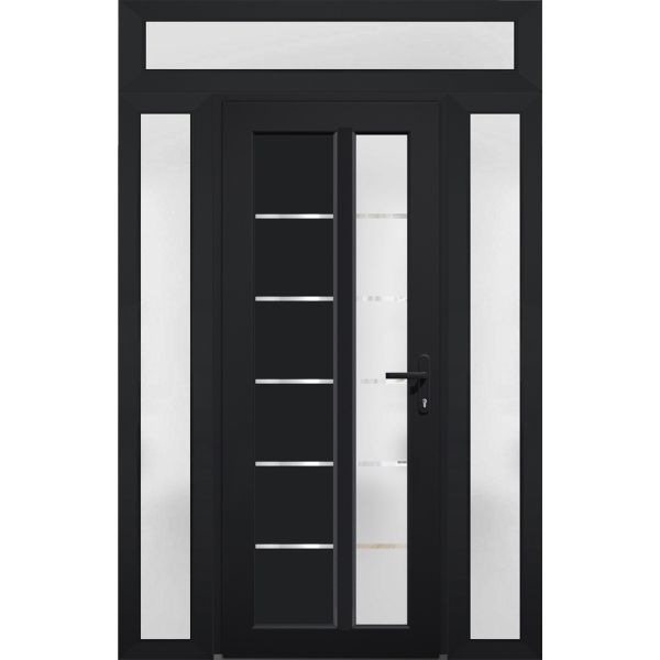 Front Exterior Prehung FiberGlass Door Frosted Glass / Manux 8088 Matte Black / 2 Sidelight and Transom Window / Office Commercial and Residential Doors Entrance Patio Garage-W12+36+12" x H80+14"-Left-hand Inswing