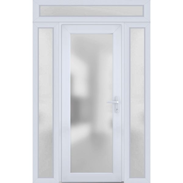 Front Exterior Prehung FiberGlass Door Frosted Glass / Manux 8102 White Silk / 2 Sidelight and Transom Window / Office Commercial and Residential Doors Entrance Patio Garage-W14+30+14" x H80+14"-Left-hand Inswing