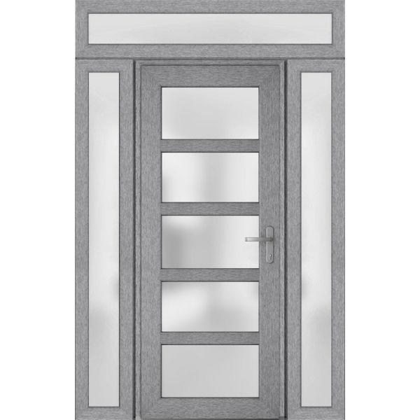 Front Exterior Prehung FiberGlass Door Frosted Glass / Manux 8002 Grey Ash / 2 Sidelight and Transom Window / Office Commercial and Residential Doors Entrance Patio Garage-W14+36+14" x H80+14"-Left-hand Inswing