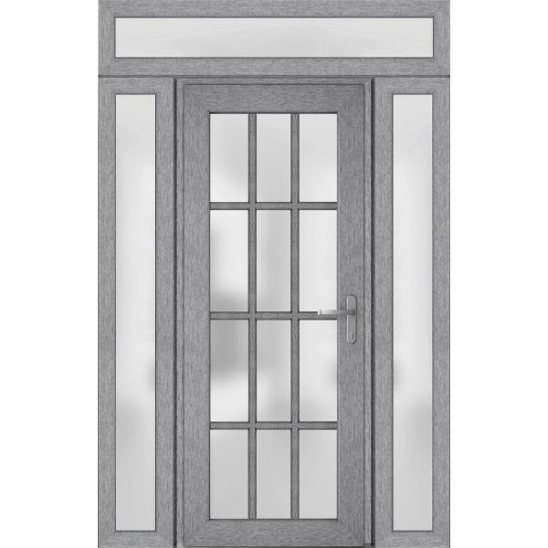 Front Exterior Prehung FiberGlass Door Frosted Glass / Manux 8312 Grey Ash / 2 Sidelight and Transom Window / Office Commercial and Residential Doors Entrance Patio Garage-W16+36+16" x H80+14"-Left-hand Inswing