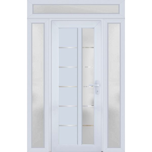 Front Exterior Prehung FiberGlass Door Frosted Glass / Manux 8088 White Silk / 2 Sidelight and Transom Window / Office Commercial and Residential Doors Entrance Patio Garage-W14+36+14" x H80+14"-Left-hand Inswing