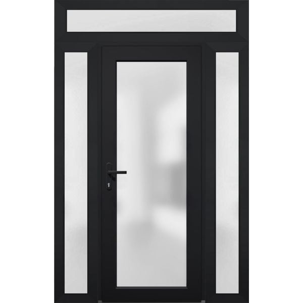 Front Exterior Prehung FiberGlass Door Frosted Glass / Manux 8102 Matte Black / 2 Side and Top Exterior Window / Office Commercial and Residential Doors Entrance Patio Garage-W12+30+12" x H80+14"-Right-hand Inswing