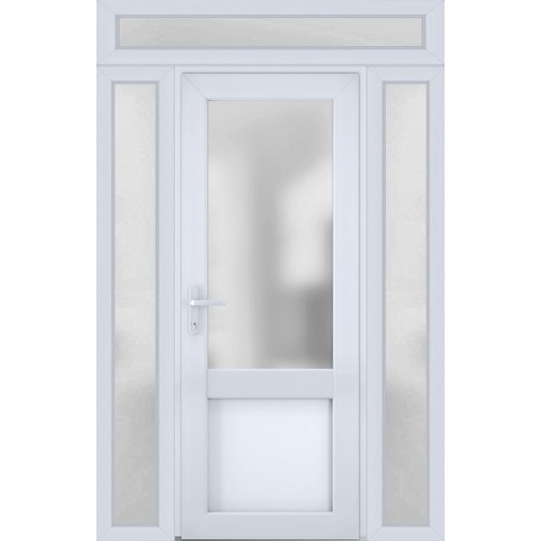 Front Exterior Prehung FiberGlass Door Frosted Glass / Manux 8422 White Silk / 2 Side and Top Exterior Window / Office Commercial and Residential Doors Entrance Patio Garage-W14+36+14" x H80+14"-Right-hand Inswing