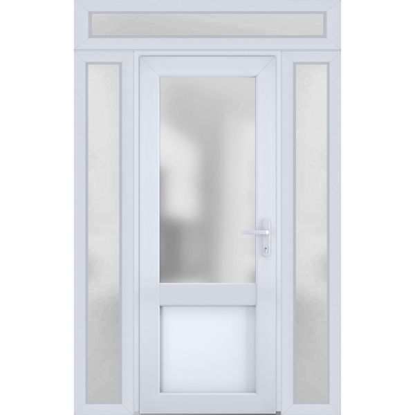 Front Exterior Prehung FiberGlass Door Frosted Glass / Manux 8422 White Silk / 2 Sidelight and Transom Window / Office Commercial and Residential Doors Entrance Patio Garage-W16+36+16" x H80+14"-Left-hand Inswing