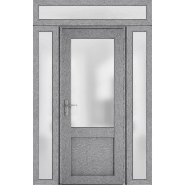 Front Exterior Prehung FiberGlass Door Frosted Glass / Manux 8422 Grey Ash / 2 Side and Top Exterior Window / Office Commercial and Residential Doors Entrance Patio Garage-W14+36+14" x H80+14"-Right-hand Inswing