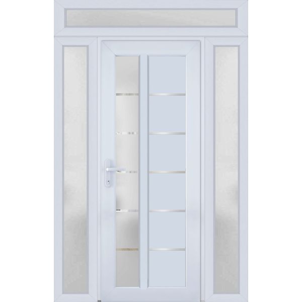 Front Exterior Prehung FiberGlass Door Frosted Glass / Manux 8088 White Silk / 2 Side and Top Exterior Window / Office Commercial and Residential Doors Entrance Patio Garage-W14+36+14" x H80+14"-Right-hand Inswing