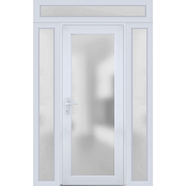 Front Exterior Prehung FiberGlass Door Frosted Glass / Manux 8102 White Silk / 2 Side and Top Exterior Window / Office Commercial and Residential Doors Entrance Patio Garage-W12+30+12" x H80+14"-Right-hand Inswing