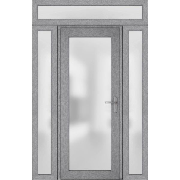 Front Exterior Prehung FiberGlass Door Frosted Glass / Manux 8102 Grey Ash / 2 Sidelight and Transom Window / Office Commercial and Residential Doors Entrance Patio Garage-W14+30+14" x H80+14"-Left-hand Inswing