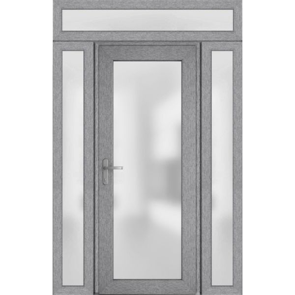 Front Exterior Prehung FiberGlass Door Frosted Glass / Manux 8102 Grey Ash / 2 Side and Top Exterior Window / Office Commercial and Residential Doors Entrance Patio Garage-W12+30+12" x H80+14"-Right-hand Inswing