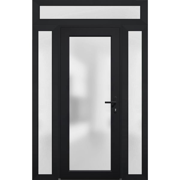 Front Exterior Prehung FiberGlass Door Frosted Glass / Manux 8102 Matte Black / 2 Sidelight and Transom Window / Office Commercial and Residential Doors Entrance Patio Garage-W12+36+12" x H80+14"-Left-hand Inswing