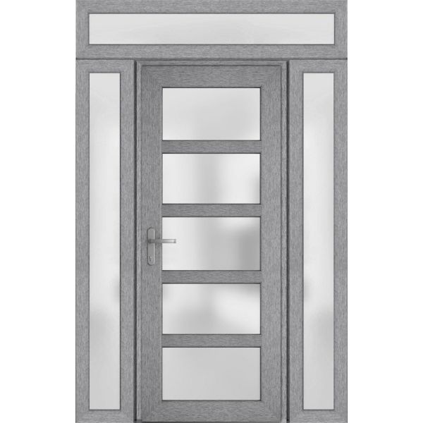 Front Exterior Prehung FiberGlass Door Frosted Glass / Manux 8002 Grey Ash / 2 Sidelight and Transom Window / Office Commercial and Residential Doors Entrance Patio Garage-W14+36+14" x H80+14"-Right-hand Inswing