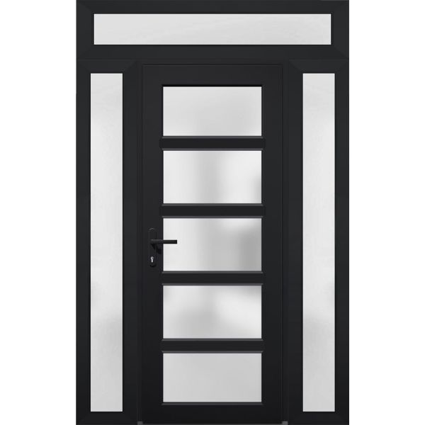 Front Exterior Prehung FiberGlass Door Frosted Glass / Manux 8002 Matte Black / 2 Sidelight and Transom Window / Office Commercial and Residential Doors Entrance Patio Garage-W14+30+14" x H80+14"-Right-hand Inswing