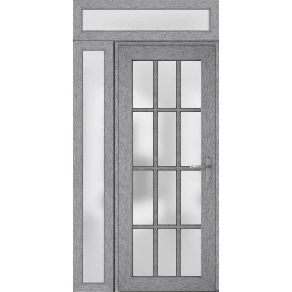 Front Exterior Prehung FiberGlass Door Frosted Glass / Manux 8312 Grey Ash / Sidelight and Transom Window / Office Commercial and Residential Doors Entrance Patio Garage-W36+12" x H80+14"-Left-hand Inswing