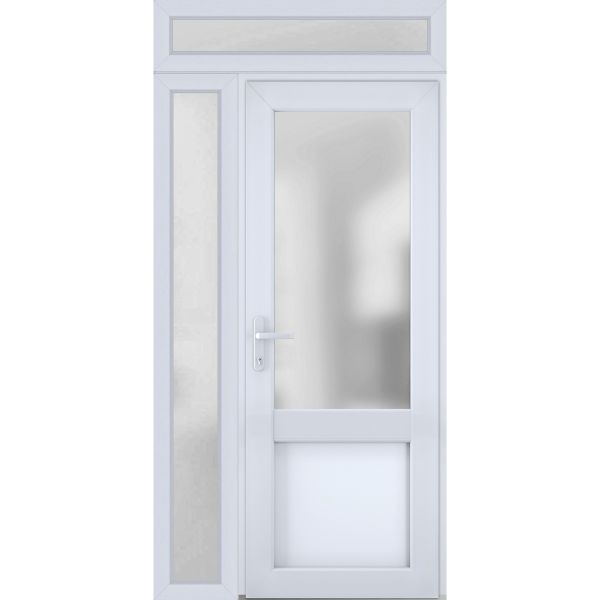 Front Exterior Prehung FiberGlass Door Frosted Glass / Manux 8422 White Silk / Side and Top Exterior Window / Office Commercial and Residential Doors Entrance Patio Garage-W36+12" x H80+14"-Right-hand Inswing
