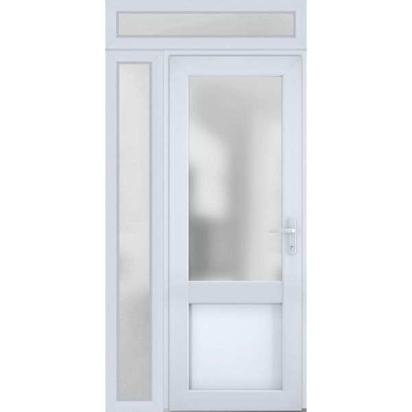 Front Exterior Prehung FiberGlass Door Frosted Glass / Manux 8422 White Silk / Sidelight and Transom Window / Office Commercial and Residential Doors Entrance Patio Garage-W36+14" x H80+14"-Left-hand Inswing
