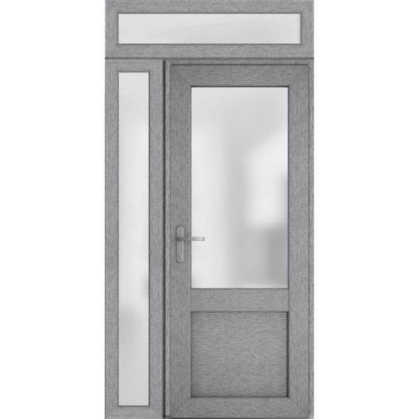 Front Exterior Prehung FiberGlass Door Frosted Glass / Manux 8422 Grey Ash / Side and Top Exterior Window / Office Commercial and Residential Doors Entrance Patio Garage-W36+12" x H80+14"-Right-hand Inswing