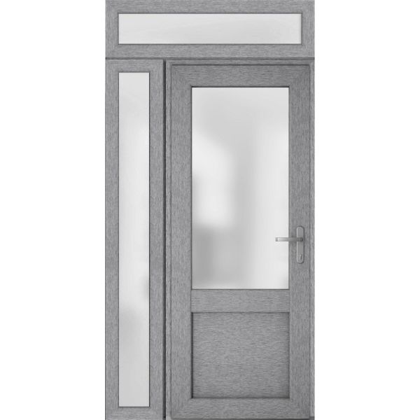 Front Exterior Prehung FiberGlass Door Frosted Glass / Manux 8422 Grey Ash / Sidelight and Transom Window / Office Commercial and Residential Doors Entrance Patio Garage-W36+12" x H80+14"-Left-hand Inswing