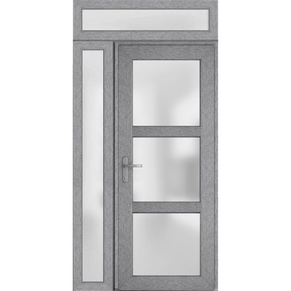 Front Exterior Prehung FiberGlass Door Frosted Glass / Manux 8552 Grey Ash / Side and Top Exterior Window / Office Commercial and Residential Doors Entrance Patio Garage-W36+12" x H80+14"-Right-hand Inswing