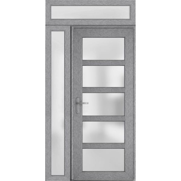 Front Exterior Prehung FiberGlass Door Frosted Glass / Manux 8002 Grey Ash / Side and Top Exterior Window / Office Commercial and Residential Doors Entrance Patio Garage-W36+12" x H80+14"-Right-hand Inswing