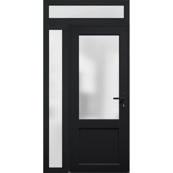 Front Exterior Prehung FiberGlass Door Frosted Glass / Manux 8422 Matte Black / Sidelight and Transom Window / Office Commercial and Residential Doors Entrance Patio Garage-W36+12" x H80+14"-Left-hand Inswing