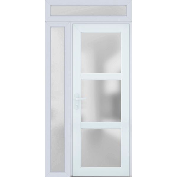 Front Exterior Prehung FiberGlass Door Frosted Glass / Manux 8552 White Silk / Side and Top Exterior Window / Office Commercial and Residential Doors Entrance Patio Garage-W36+12" x H80+14"-Right-hand Inswing