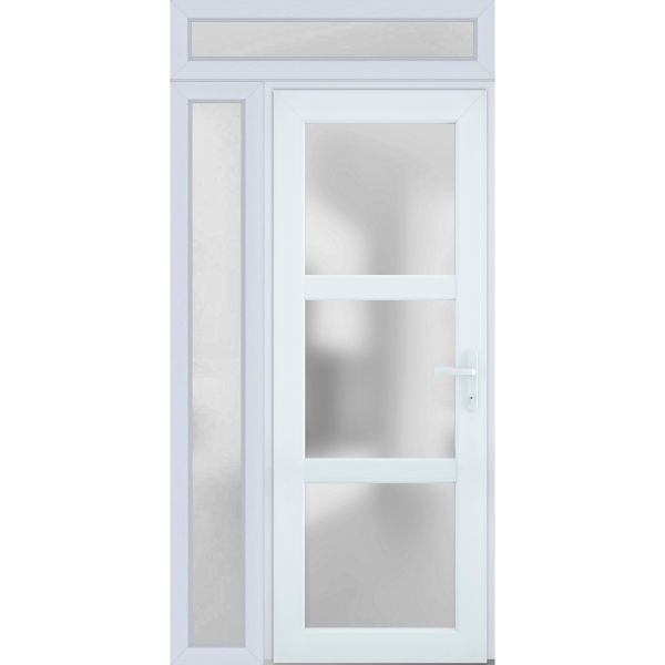 Front Exterior Prehung FiberGlass Door Frosted Glass / Manux 8552 White Silk / Sidelight and Transom Window / Office Commercial and Residential Doors Entrance Patio Garage-W30+14" x H80+14"-Left-hand Inswing