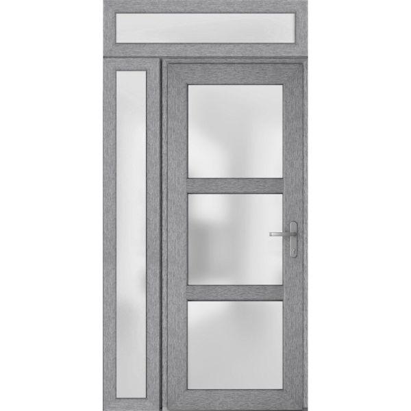Front Exterior Prehung FiberGlass Door Frosted Glass / Manux 8552 Grey Ash / Sidelight and Transom Window / Office Commercial and Residential Doors Entrance Patio Garage-W36+16" x H80+14"-Left-hand Inswing