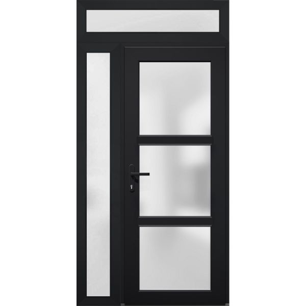 Front Exterior Prehung FiberGlass Door Frosted Glass / Manux 8552 Matte Black / Side and Top Exterior Window / Office Commercial and Residential Doors Entrance Patio Garage-W36+12" x H80+14"-Right-hand Inswing