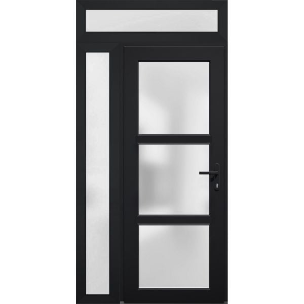 Front Exterior Prehung FiberGlass Door Frosted Glass / Manux 8552 Matte Black / Sidelight and Transom Window / Office Commercial and Residential Doors Entrance Patio Garage-W30+16" x H80+14"-Left-hand Inswing