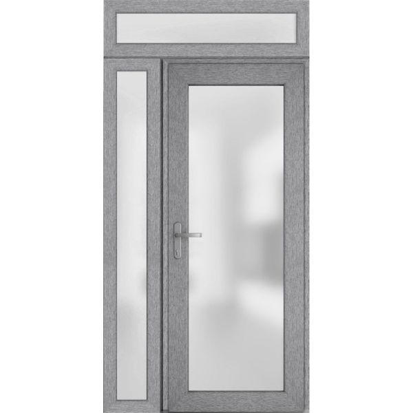 Front Exterior Prehung FiberGlass Door Frosted Glass / Manux 8102 Grey Ash / Side and Top Exterior Window / Office Commercial and Residential Doors Entrance Patio Garage-W30+12" x H80+14"-Right-hand Inswing