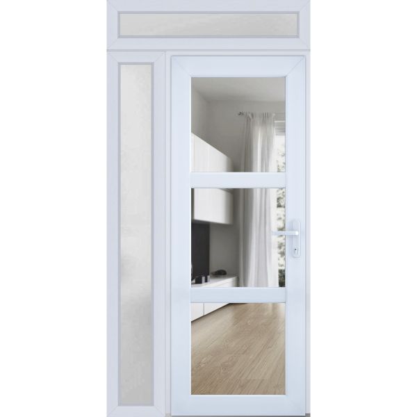 Front Exterior Prehung FiberGlass Door Clear Glass See-through / Manux 8555 White Silk Clear Glass / Sidelight and Transom Window / Office Commercial and Residential Doors Entrance Patio Garage-W36+16" x H80+14"-Left-hand Inswing