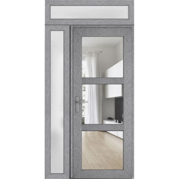 Front Exterior Prehung FiberGlass Door Clear Glass See-through / Manux 8555 Grey Ash Clear Glass / Side and Top Exterior Window / Office Commercial and Residential Doors Entrance Patio Garage-W36+12" x H80+14"-Right-hand Inswing