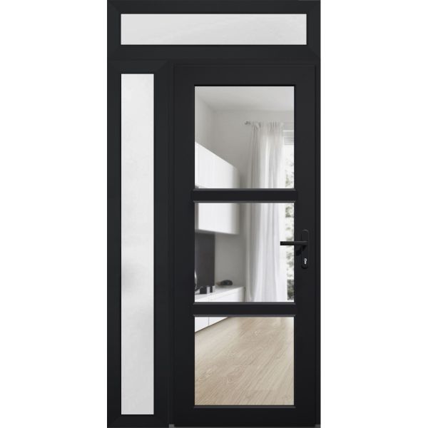Front Exterior Prehung FiberGlass Door Clear Glass See-through / Manux 8555 Matte Black Clear Glass / Sidelight and Transom Window / Office Commercial and Residential Doors Entrance Patio Garage-W36+12" x H80+14"-Left-hand Inswing