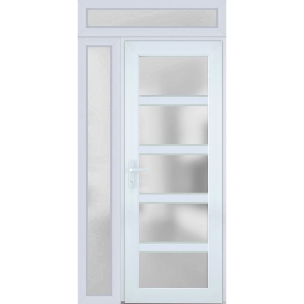 Front Exterior Prehung FiberGlass Door Frosted Glass / Manux 8002 White Silk / Side and Top Exterior Window / Office Commercial and Residential Doors Entrance Patio Garage-W36+12" x H80+14"-Right-hand Inswing