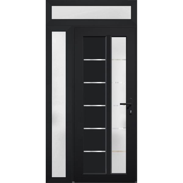 Front Exterior Prehung FiberGlass Door Frosted Glass / Manux 8088 Matte Black / Sidelight and Transom Window / Office Commercial and Residential Doors Entrance Patio Garage-W36+12" x H80+14"-Left-hand Inswing