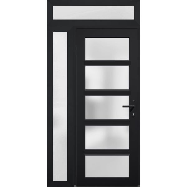 Front Exterior Prehung FiberGlass Door Frosted Glass / Manux 8002 Matte Black / Sidelight and Transom Window / Office Commercial and Residential Doors Entrance Patio Garage-W36+16" x H80+14"-Left-hand Inswing