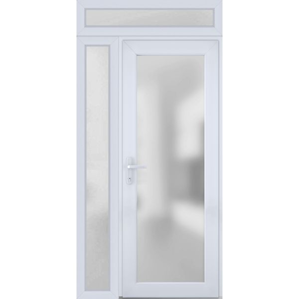 Front Exterior Prehung FiberGlass Door Frosted Glass / Manux 8102 White Silk / Side and Top Exterior Window / Office Commercial and Residential Doors Entrance Patio Garage-W30+12" x H80+14"-Right-hand Inswing