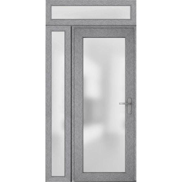 Front Exterior Prehung FiberGlass Door Frosted Glass / Manux 8102 Grey Ash / Sidelight and Transom Window / Office Commercial and Residential Doors Entrance Patio Garage-W30+14" x H80+14"-Left-hand Inswing