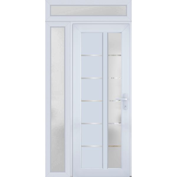 Front Exterior Prehung FiberGlass Door Frosted Glass / Manux 8088 White Silk / Sidelight and Transom Window / Office Commercial and Residential Doors Entrance Patio Garage-W36+14" x H80+14"-Left-hand Inswing