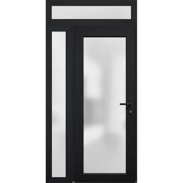 Front Exterior Prehung FiberGlass Door Frosted Glass / Manux 8102 Matte Black / Sidelight and Transom Window / Office Commercial and Residential Doors Entrance Patio Garage-W30+14" x H80+14"-Left-hand Inswing