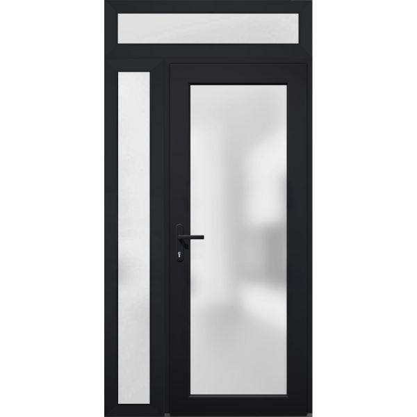 Front Exterior Prehung FiberGlass Door Frosted Glass / Manux 8102 Matte Black / Side and Top Exterior Window / Office Commercial and Residential Doors Entrance Patio Garage-W30+12" x H80+14"-Right-hand Inswing