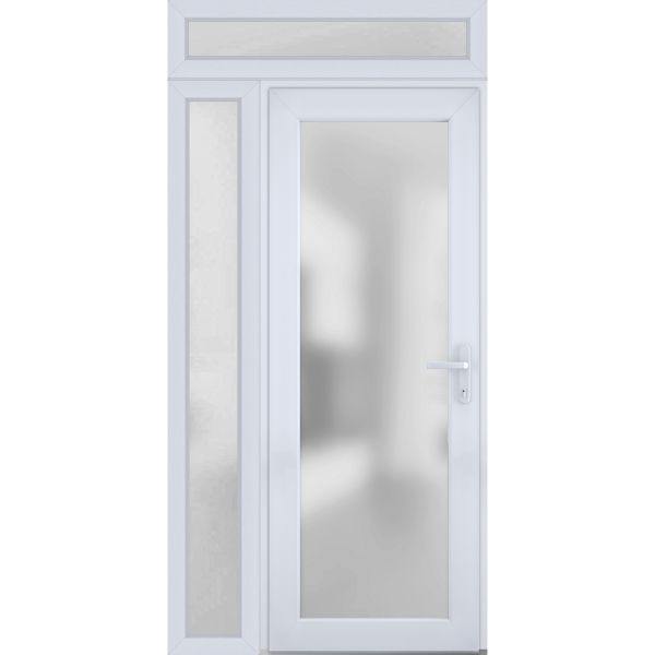 Front Exterior Prehung FiberGlass Door Frosted Glass / Manux 8102 White Silk / Sidelight and Transom Window / Office Commercial and Residential Doors Entrance Patio Garage-W30+14" x H80+14"-Left-hand Inswing