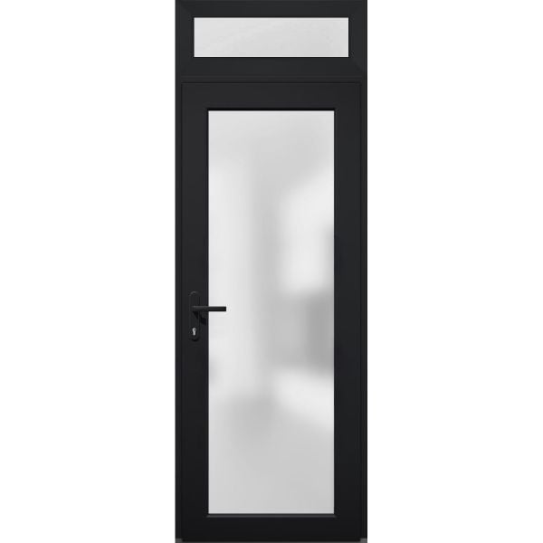 Front Exterior Prehung FiberGlass Door Frosted Glass / Manux 8102 Matte Black / Top Exterior Window / Office Commercial and Residential Doors Entrance Patio Garage-W30" x H80+14"-Right-hand Inswing