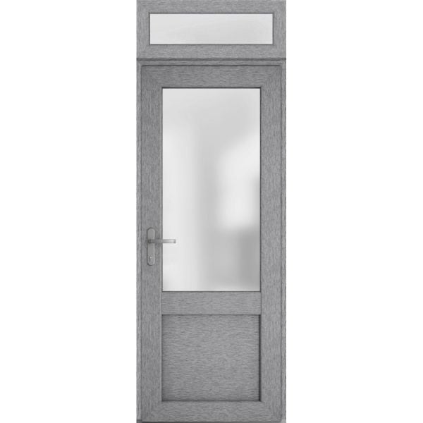 Front Exterior Prehung FiberGlass Door Frosted Glass / Manux 8422 Grey Ash / Top Exterior Window / Office Commercial and Residential Doors Entrance Patio Garage-W36" x H80+14"-Right-hand Inswing