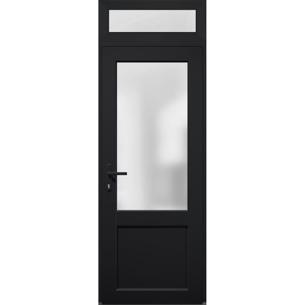 Front Exterior Prehung FiberGlass Door Frosted Glass / Manux 8422 Matte Black / Top Exterior Window / Office Commercial and Residential Doors Entrance Patio Garage-W36" x H80+14"-Right-hand Inswing